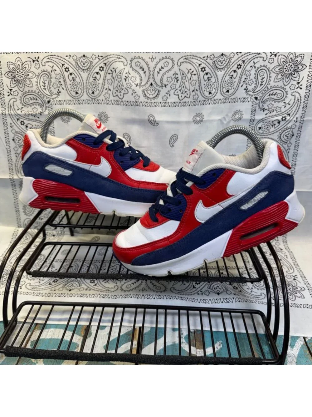 Nike Air Max 90 USA Youth 2.5Y Red/White/Blue DA9022-100 Athletic Sneakers